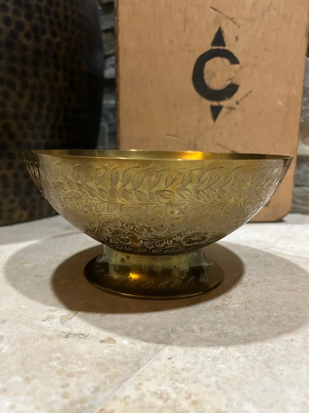 Vintage Brass pedestal Bowl with an Etched Floral Design